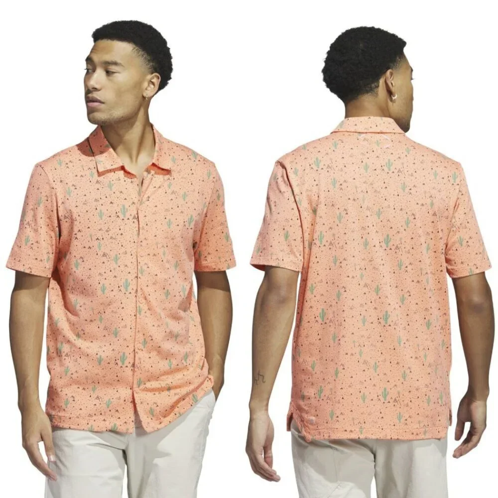 Adidas Adicross Golf Desert Button Up Short Sleeve Shirt in Coral Fusion, size S